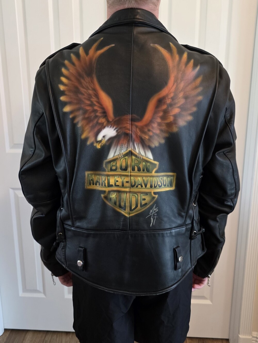 Vintage 1991 German Leather Motorcycle Jacket Harley Davidson Artwork- Mens 46